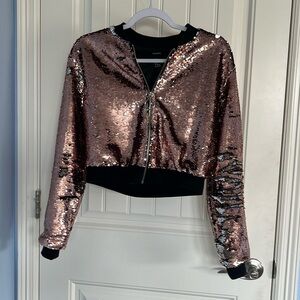 Womens Long Sleeve Front Zip  Sequin Bomber Jacket pink/peach color